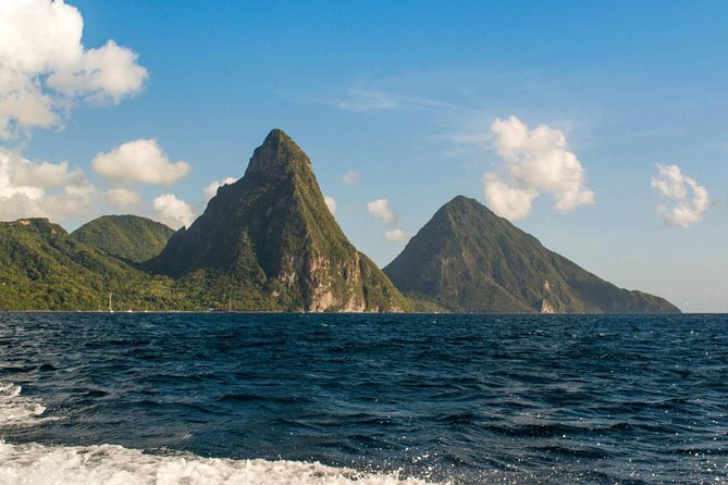 Gros Piton and Petit Piton rising from the sea below Soufriere